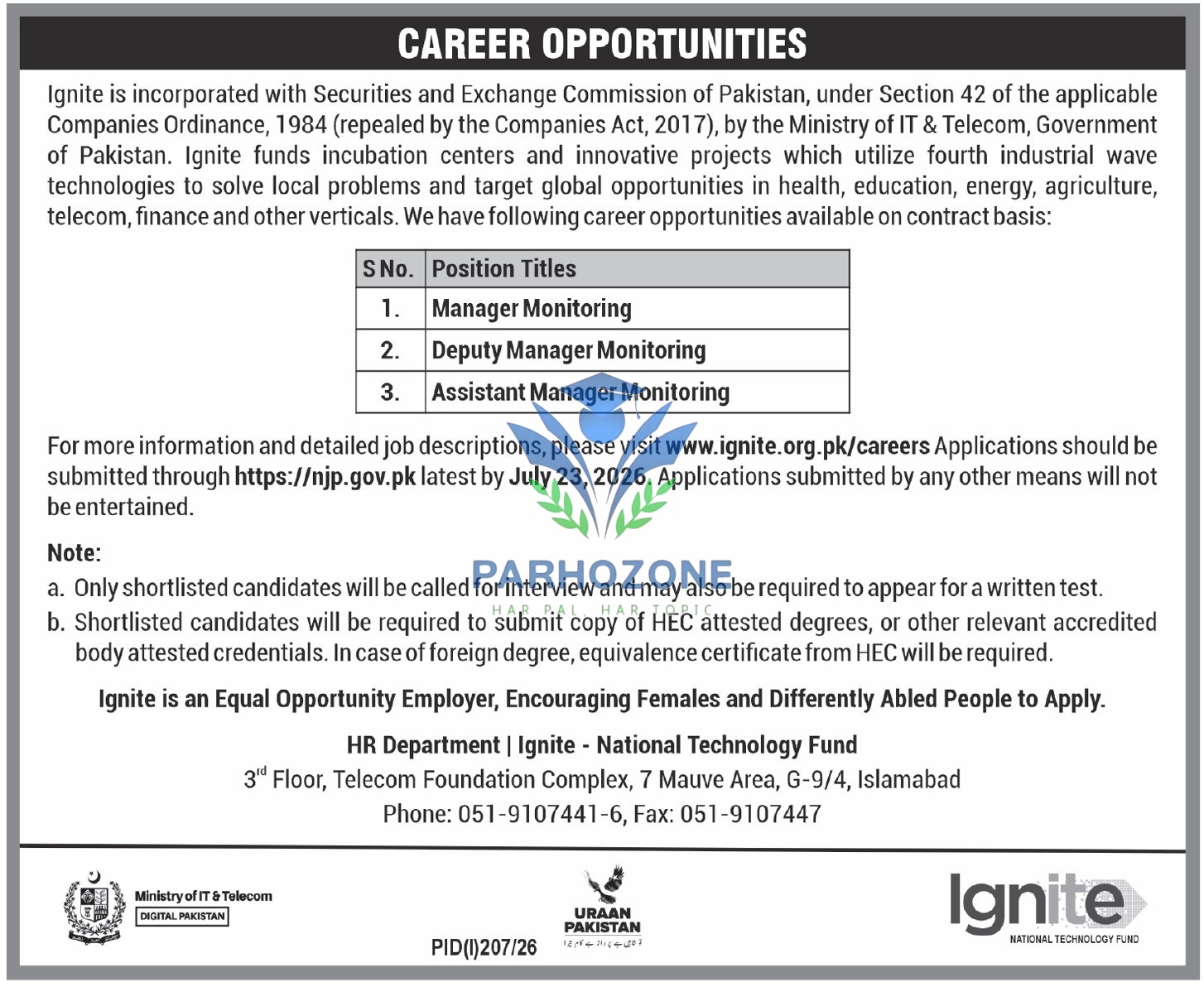Ignite National Technology Fund Jobs 2026 | Ministry of IT Telecom Pakistan | Manager Deputy Manager Assistant Manager Monitoring | Islamabad IT Jobs July 2026 | Apply Now