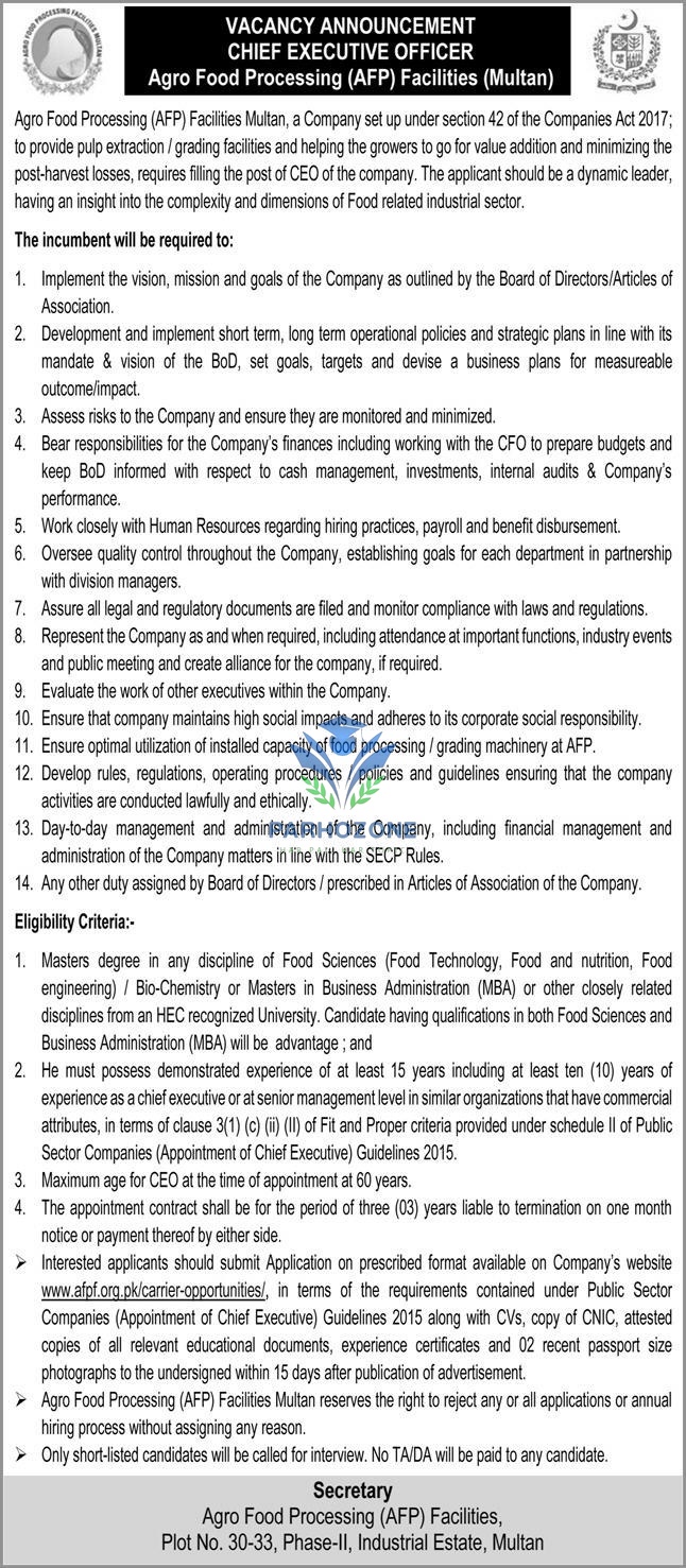 AFP Multan Jobs 2026 | Agro Food Processing Facilities Multan | Chief Executive Officer CEO | Food Science MBA Senior Management Jobs July 2026 | Apply Now