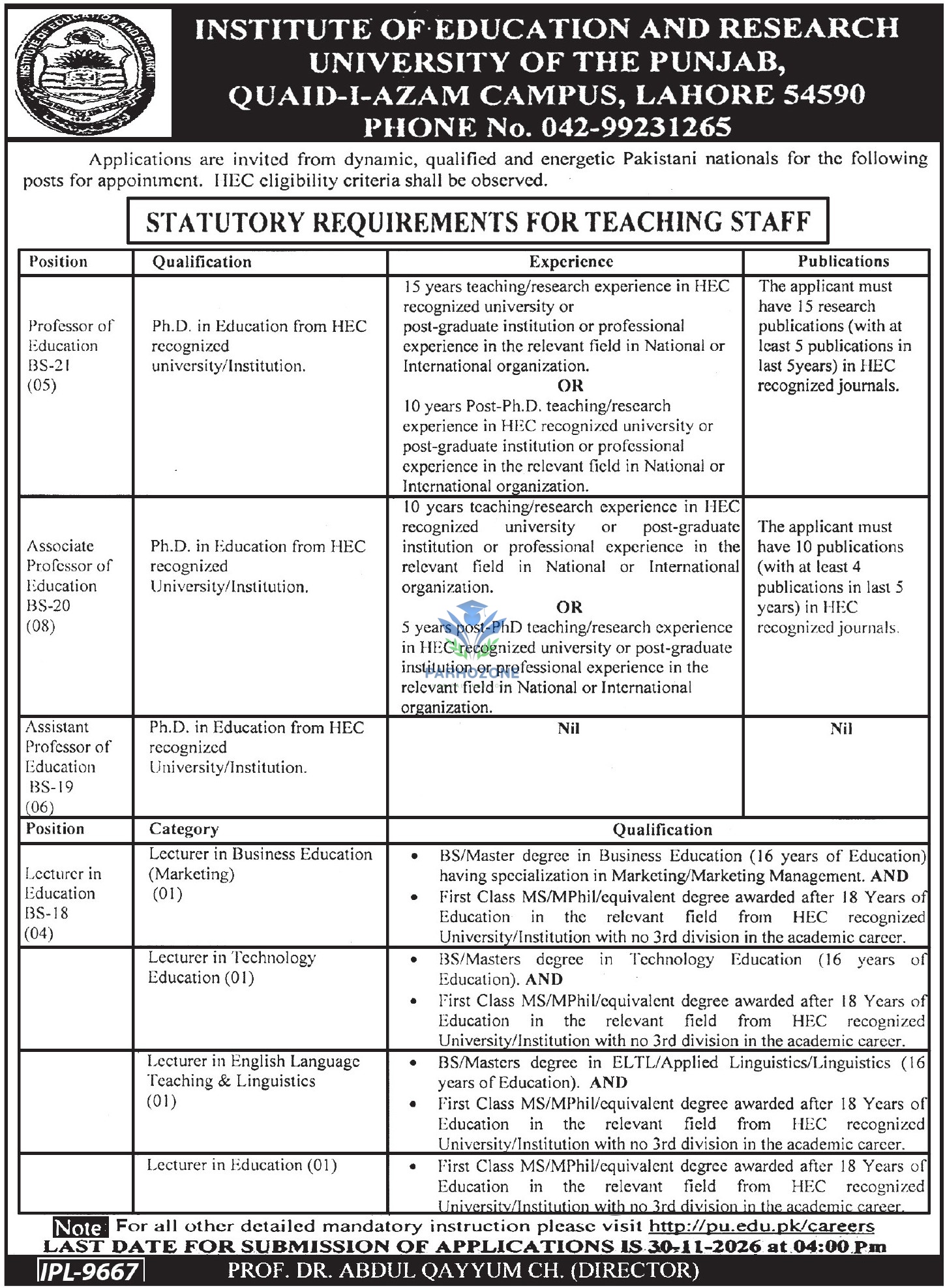 Punjab University IER Jobs 2026 – Institute of Education & Research Lahore Hiring Professor, Associate Professor, Assistant Professor & Lecturer | Apply by 30 November 2026