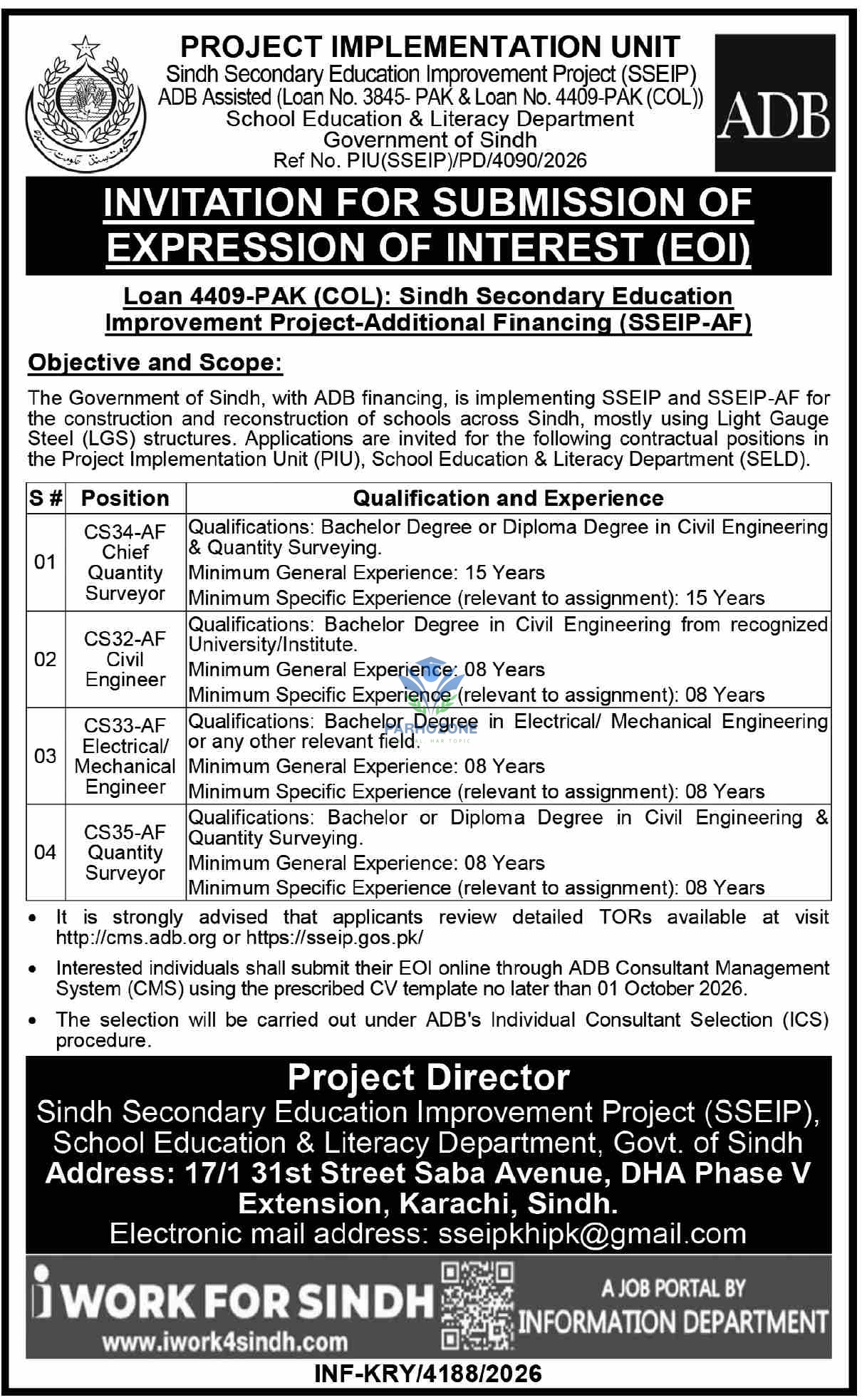 SSEIP ADB EOI Jobs 2026 – Sindh Secondary Education Improvement Project | Chief Quantity Surveyor, Civil Engineer & More | Apply via ADB CMS by 01 October 2026