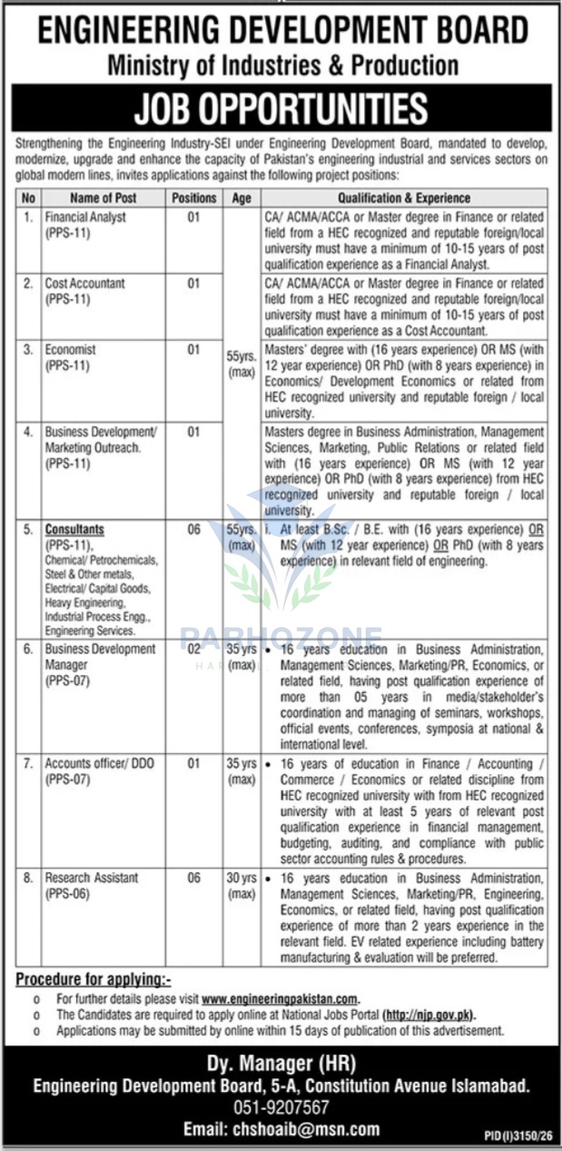Engineering Development Board EDB Jobs 2026 - Ministry of Industries and Production Job Opportunities for Financial Analyst, Cost Accountant, Economist, Business Development Manager, Consultants, Accounts Officer and Research Assistant, Apply Online at Na