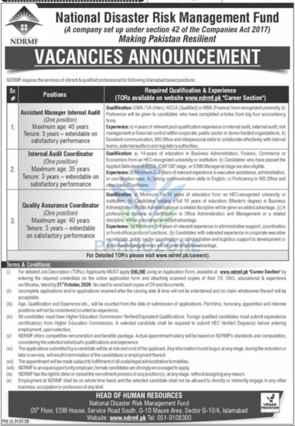 National Disaster Risk Management Fund NDRMF Jobs 2026 - Vacancies Announcement for Assistant Manager Internal Audit, Internal Audit Coordinator and Quality Assurance Coordinator, Apply Online at www.ndrmf.pk/careers, Islamabad, Last Date 21 October 2026