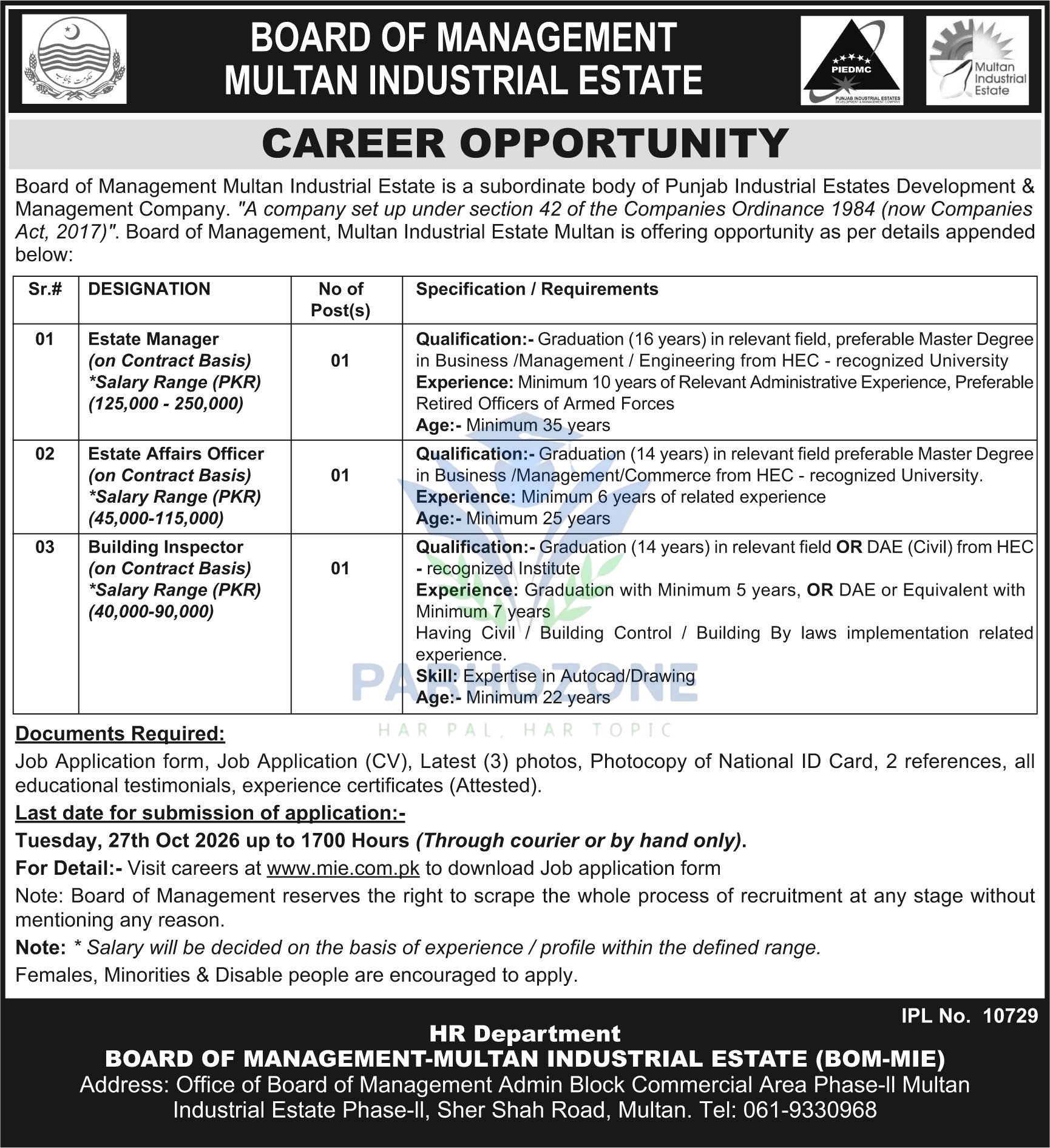 Board of Management Multan Industrial Estate Jobs 2026 – Estate Manager, Estate Affairs Officer and Building Inspector Vacancies, Salary up to Rs. 250,000 and Application Deadline