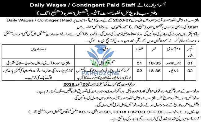 Daily Wages / Contingent Paid Staff Jobs 2026-27 – Naib Qasid & Driver | Sub Divisional Office Hazro Tehsil Attock | Apply by 25 October 2026