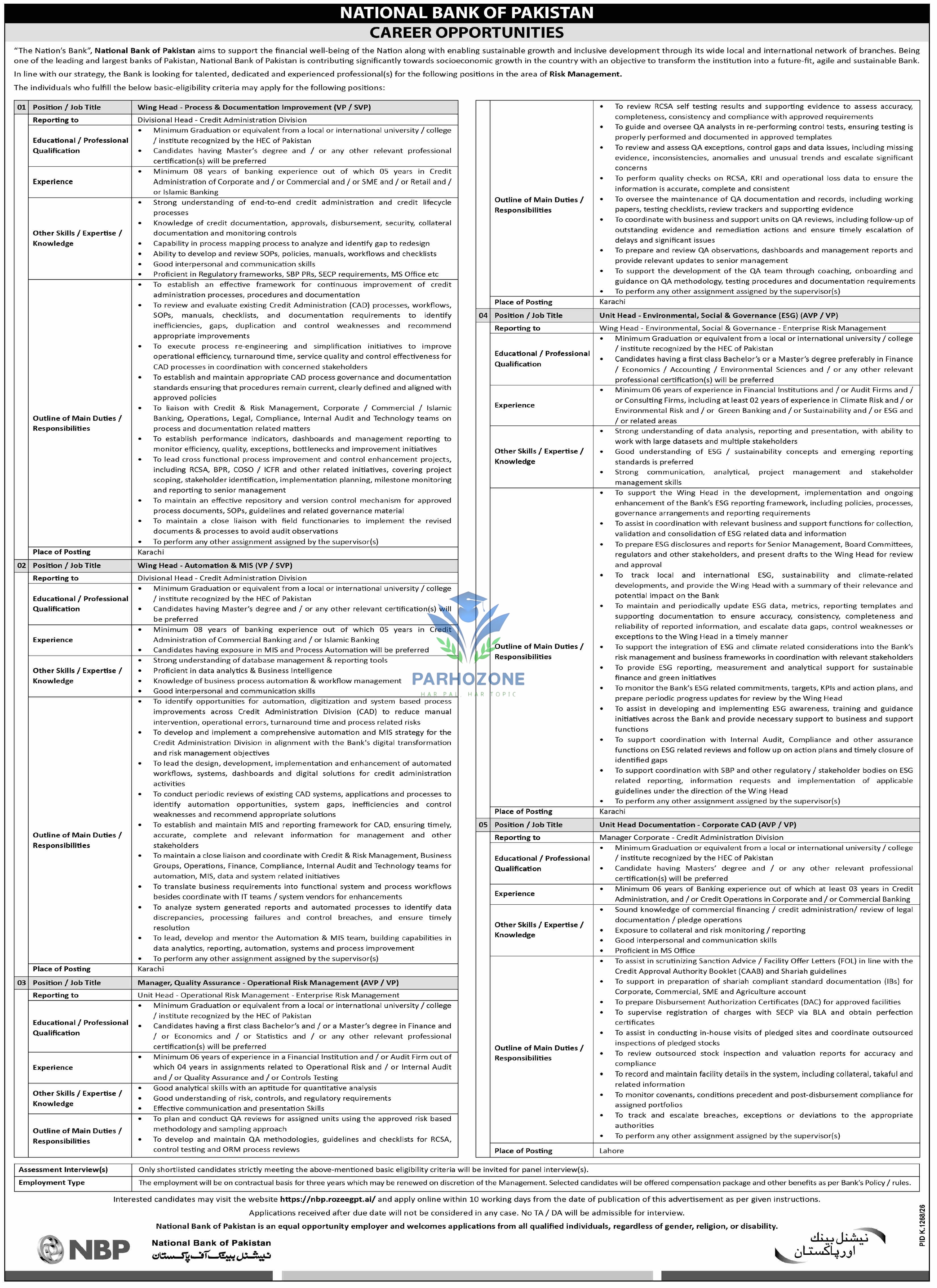 National Bank of Pakistan NBP Jobs 2026 – Career Opportunities in Risk Management | VP, SVP, AVP Posts for Wing Head Automation MIS, Process Documentation Improvement, Quality Assurance, ESG, Unit Head Documentation Latest Bank Jobs Karachi Lahore