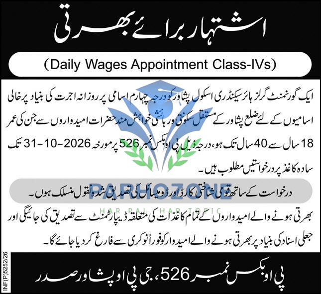 Govt Girls Higher Secondary School Peshawar Jobs 2026 – Daily Wages Class-IV Appointment Advertisement Latest Government Jobs Peshawar KPK Apply Before 31 October 2026
