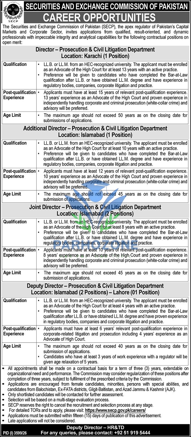 SECP Jobs 2026 – Securities and Exchange Commission of Pakistan Career Opportunities Director Additional Director Joint Director Deputy Director Prosecution Civil Litigation Department LLB LLM Advocate Latest Government Jobs Karachi Islamabad Lahore Apply