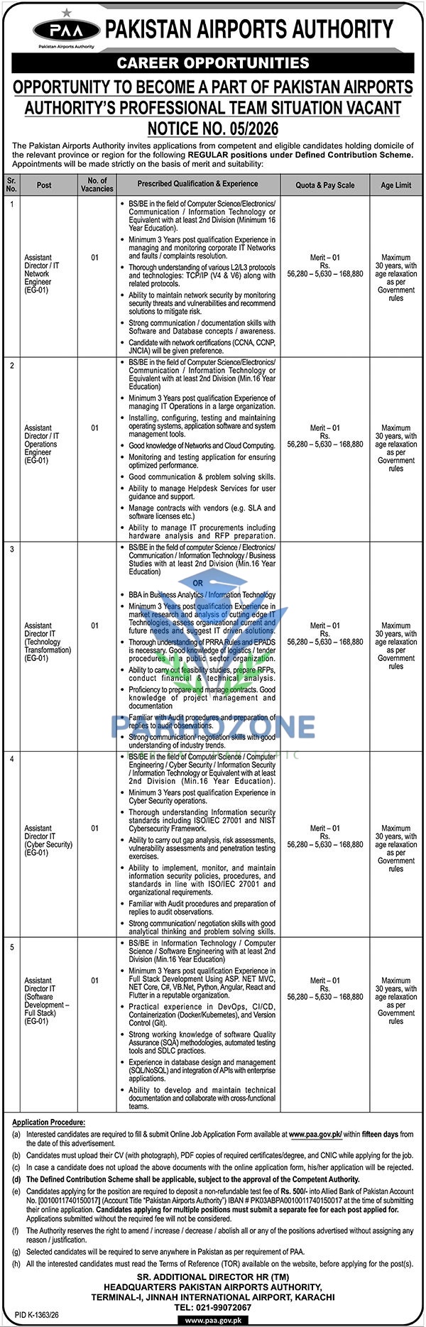 Pakistan Airports Authority PAA Jobs 2026 Notice 05/2026 – Assistant Director IT Network Engineer IT Operations Cybersecurity Technology Transformation Software Development Full Stack EG-01 Regular Government Jobs Karachi Apply Online