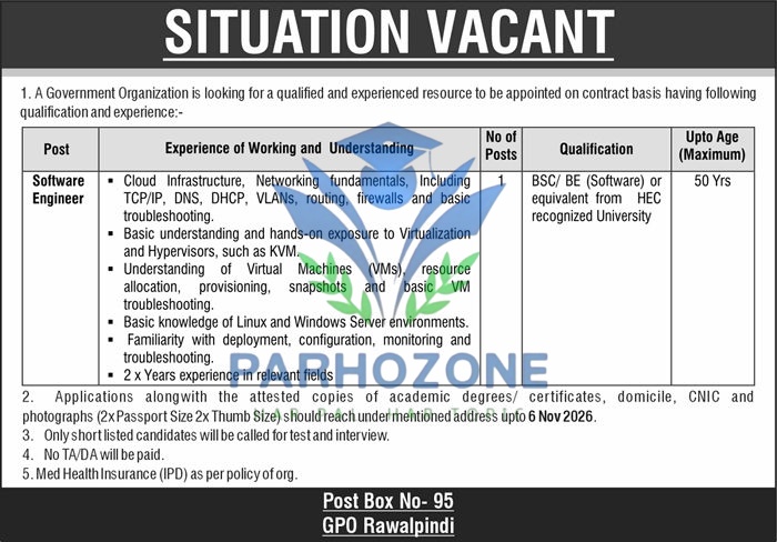 Government Organization Rawalpindi Jobs 2026 – Software Engineer BSc BE Computer Science Cloud Infrastructure Networking Linux Virtualization Contract Latest Government Jobs Rawalpindi Apply Before 6 November 2026