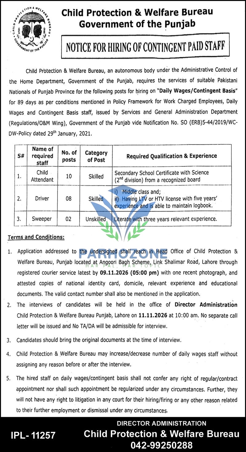 Child Protection & Welfare Bureau Punjab Jobs 2026 – Child Attendant, Driver & Sweeper (Contingent Paid Staff) – Apply Before 09 November 2026