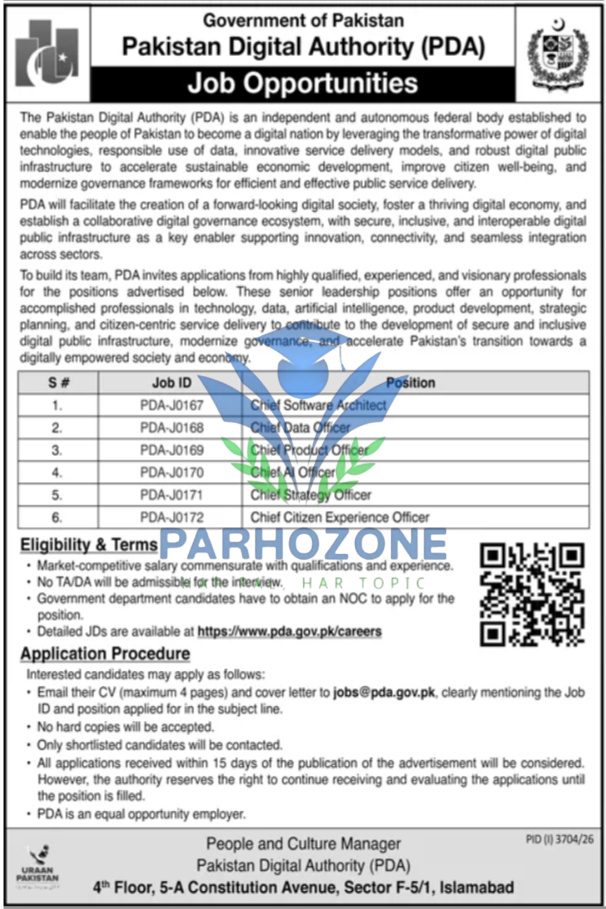 Pakistan Digital Authority (PDA) Jobs 2026 – Chief Software Architect, Chief AI Officer, Chief Data Officer, Chief Product Officer, Chief Strategy Officer & Chief Citizen Experience Officer Senior Leadership Vacancies – Apply via jobs@pda.gov.pk Within 15